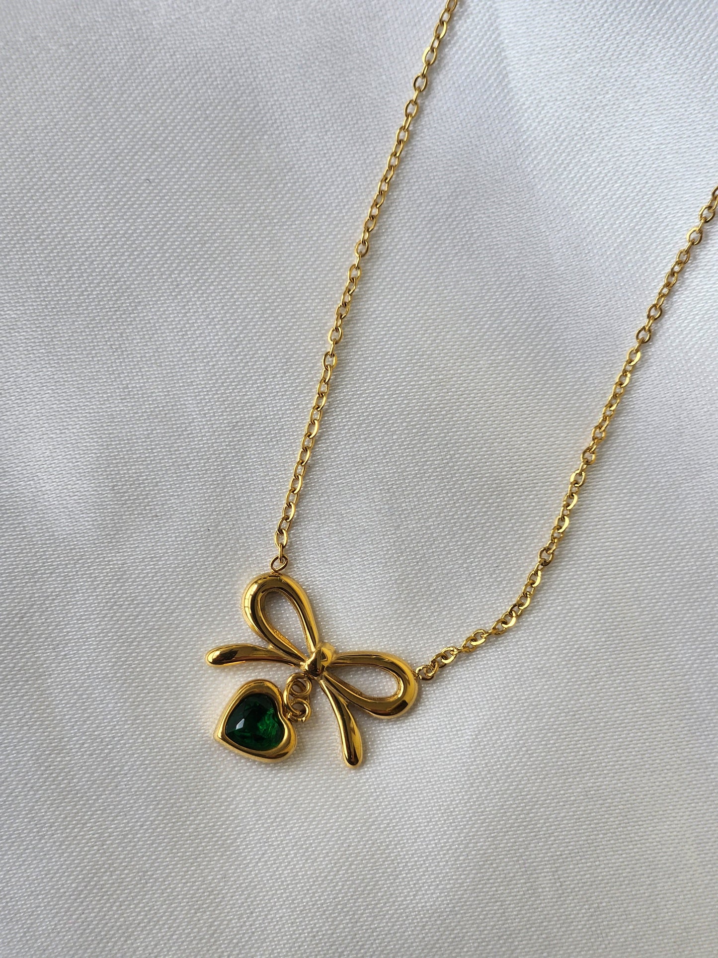 Bow and Heart Pendant Necklace with Green Accent