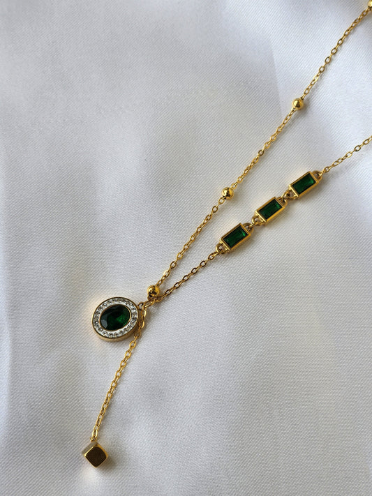 Elegant Gold-Toned Lariat Necklace with Green Accents